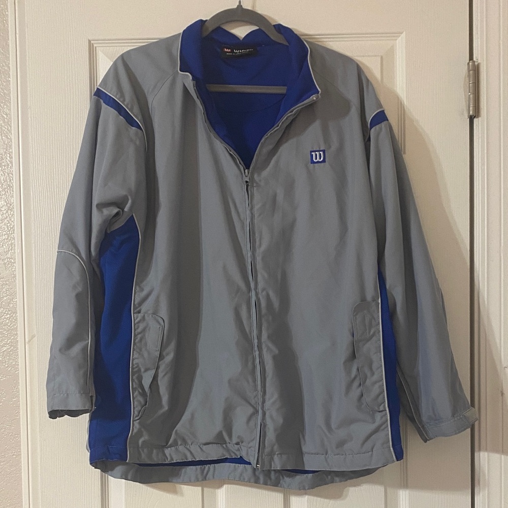Vintage Wilson Men's Windbreaker in Gray and Blue Coach’s Jacket Size L